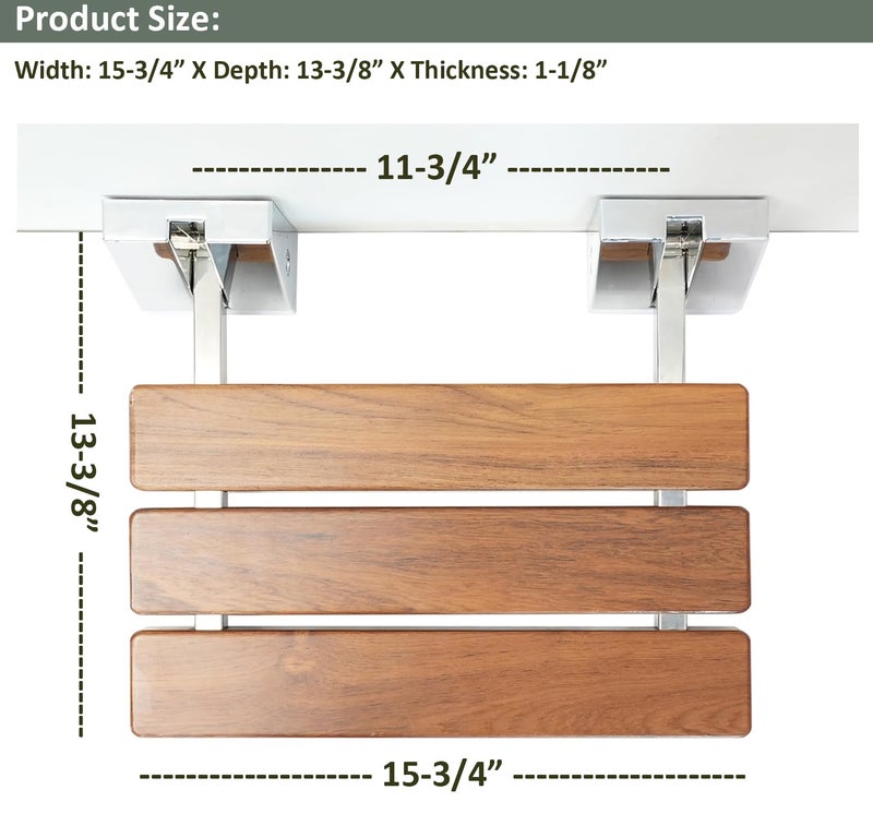 DIYHD 20" Modern Teak Wood Folding Shower Seat Bench Brushed Wall Mounted Shower Bench - Image 3